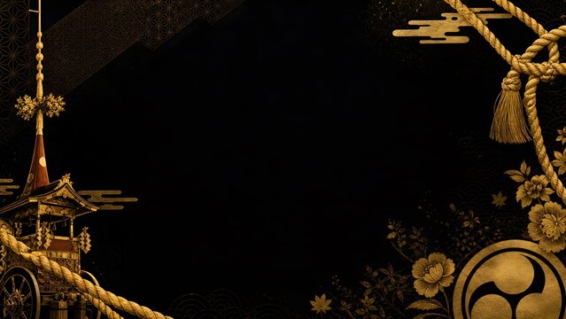 Elegant Golden Festival Float Ornament And Sacred Shimenawa Rope Over Black Pattern Banner Background