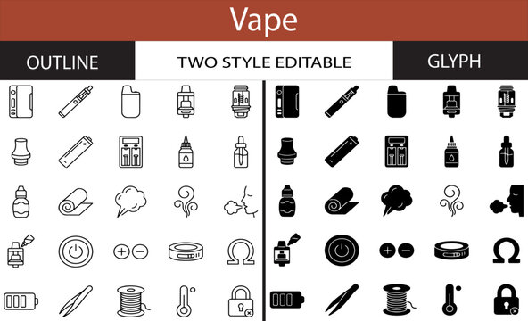 Vape Device Refined Monoline and Black Solid Vector Icon Collection for Electronic Smoking Accessories Vapor Technology and User Equipment