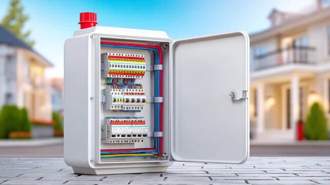 Electrical Fuse Box Mounted on Exterior Wall in Bright Environment