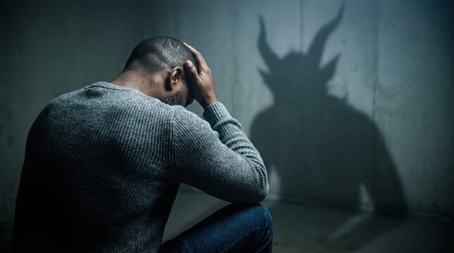 Man sitting with head in hands inner demon shadow mental health struggle