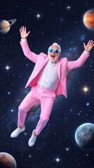 Fototapeta premium Eccentric senior man in pink suit floating through outer space. Surreal concept of joyful retirement and cosmic exploration.