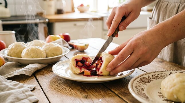 A close-up shot shows hands slicing a freshly made fruit dumpling, revealing a sweet filling, surrounded by more dumplings and fresh fruit on a wooden surface.