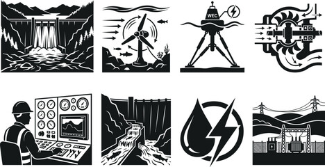 Fototapeta premium Hydroelectric power and renewable water energy icons set featuring dams tidal turbines wave converters control panel and power grid isolated on white background