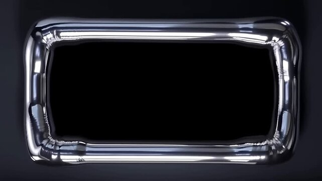 Tracking dolly slow motion shot of metallic inflatable rectangular frame rotating and inflating on black studio backdrop with reflective chrome border