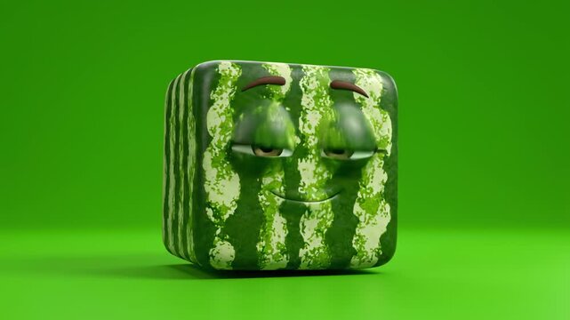 Cute cube watermelon character with expressive eyes moving playfully against a vibrant green background
