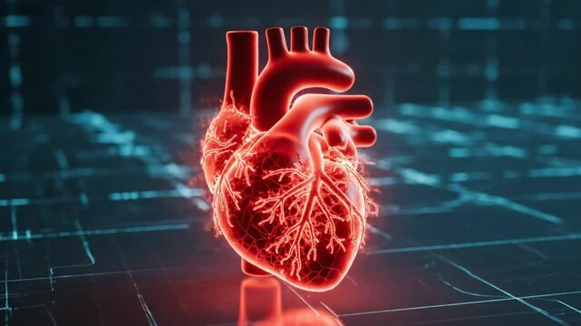 Human heart glowing red with energy, arteries and veins pulsing in a technological futuristic environment