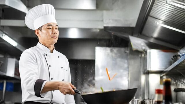 Professional Asian Chef Tossing Stir-Fry Vegetables in Wok at Commercial Kitchen