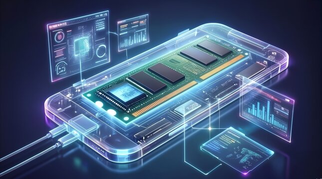Smartphone internal components visible through transparent casing with holographic data overlays. High-tech mobile hardware analysis and performance monitoring concept.
