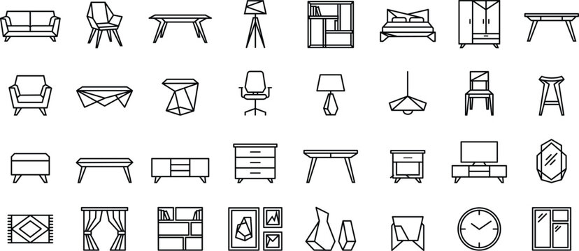 Furniture and home interior line icons set. Includes black geometric outlines of sofas, chairs, tables, lamps, beds, storage units, rugs, clocks, and window fixtures.