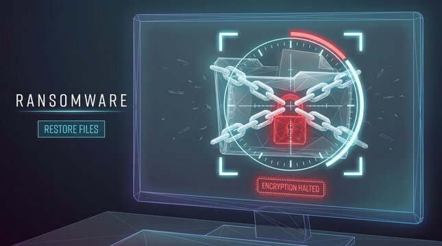 wireframe computer monitor locked folder with chains cyber security threat
