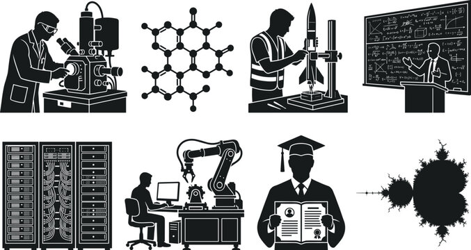 Science and technology silhouettes set featuring laboratory research molecule rocket assembly lecturing professor data server robotic manufacturing graduate and fractal isolated on white background