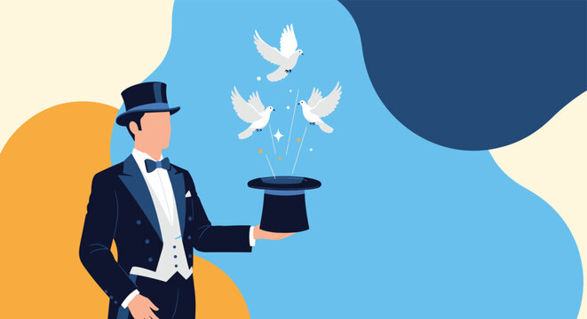 Formal magician in a tuxedo and top hat performs a classic trick, making white doves fly out of his magic hat.