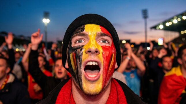 Thrilled Belgium football supporter with vibrant face paint and a winter hat yelling excitedly during a twilight match.