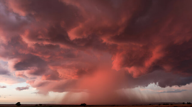 Massive Sunset Thunderclouds with Visible Rainfall Creating an Extraordinary Atmospheric Weather Landscape