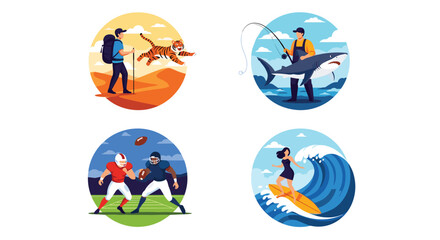 Fototapeta premium Collection of round icons representing outdoor activities like hiking, shark fishing, football and ocean surfing.