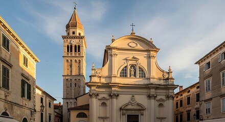 Fototapeta premium Historic church and bell tower in a mediterranean town square