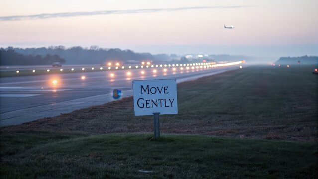 Caution Sign on Airport Runway at Dawn with Incoming Airplane