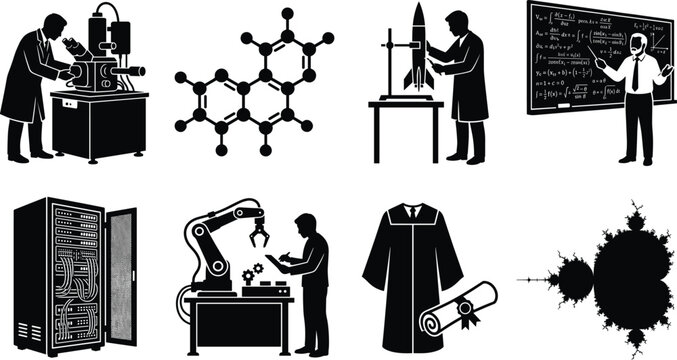 Science and technology silhouettes set featuring laboratory research molecule structure rocket engineering professor robotics server rack and graduation elements isolated on white background