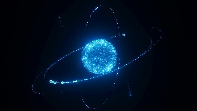 Futuristic glowing particle sphere with rotating light trails in space animation