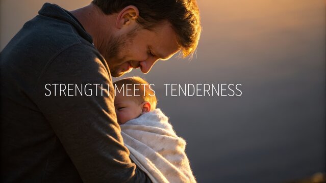 Father Embracing Baby at Sunset Reflects Strength and Tenderness