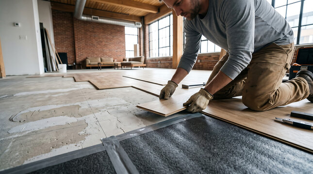 Professional flooring contractor installing luxury vinyl plank lvp laminate flooring over concrete subfloor inside a modern brick wall loft apartment renovation