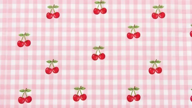 사랑스러운 인디 핑크 깅엄 체크 바탕 위로 빨간 체리 열매가 아기자기하게 수놓아진 플로럴 패턴
Adorable Red Cherry Fruit Pattern Embroidered on Lovely Pink Gingham Check Fabric