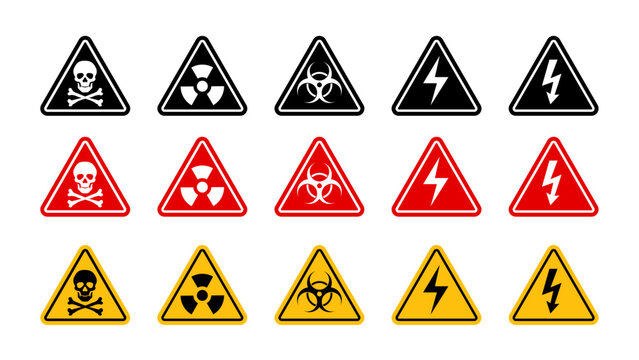 Triangle Hazard Warning Sign Collection with Toxic Radiation Biohazard and Electrical Danger Symbols
