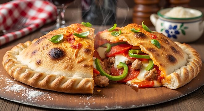 Freshly baked calzone sliced open with hot melted cheese and peppers