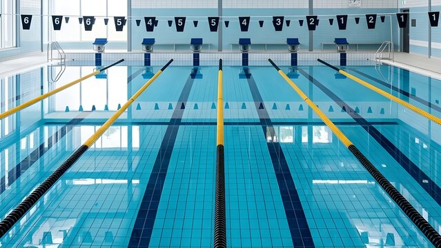 사람없는 실내 수영장 레일들에 물이 가득하다The rails of a deserted indoor swimming pool are full of water