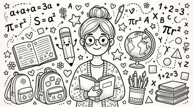 Young school student girl reading book with math geometry science doodles background education knowledge geometry academic learning classroom backpack illustration