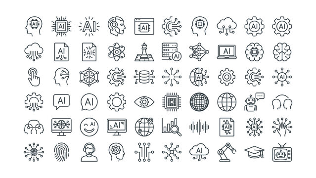 Collection of artificial intelligence and technology related line icons on white background