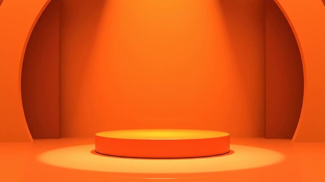A minimalist orange podium display in a sleek, modern setting with a circular cutout and soft lighting, conveying a sense of luxury and business presentation.