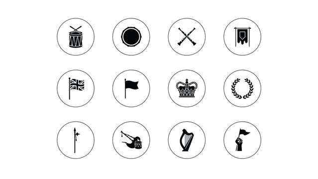 Royal and regimental circular symbols featuring crown union jack flag and harp silhouettes.