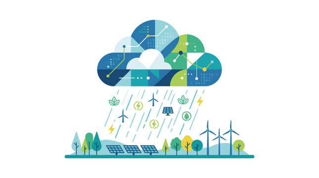 Cloud computing concept with renewable energy sources like solar panels and wind turbines Vector