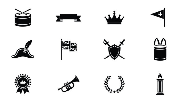 Military and celebration icons drum trumpet crown flag shield and medal for design.