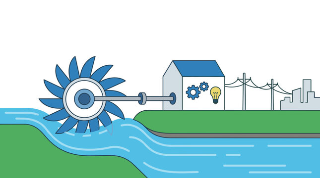 Hydroelectric power generation system with turbine generator and power lines supplying electricity to a city Vector