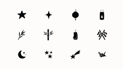 Collection of various night sky and asian culture themed icons in minimalist black flat style. © Soma