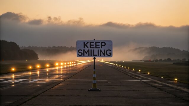 Inspirational Keep Smiling Sign on Empty Runway at Dawn