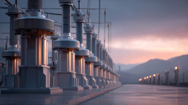 Industrial electrical substation equipment with mountain background at dusk