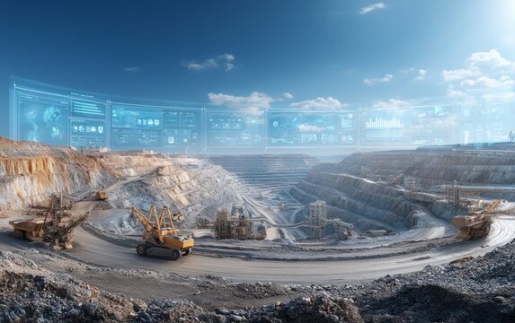 Open pit mining site with heavy machinery and futuristic digital data overlay