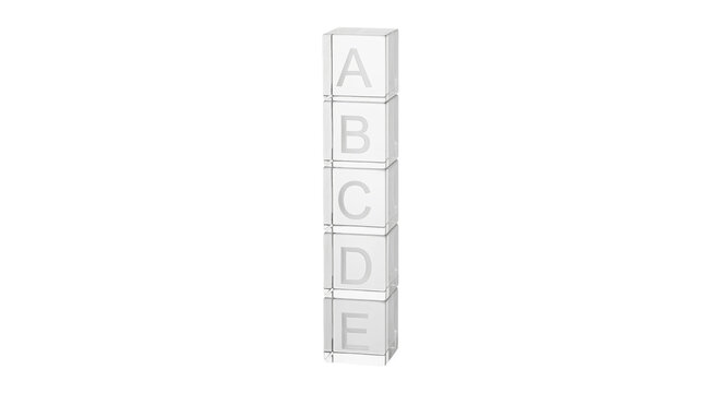 Stack of five clear glass blocks with letters A through E etched on them