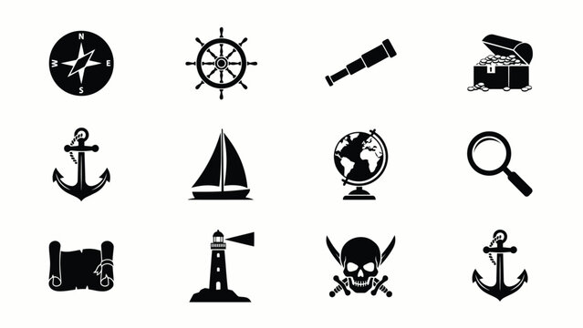 Maritime and nautical pirate treasure hunting icons with navigation gear and skull symbols.