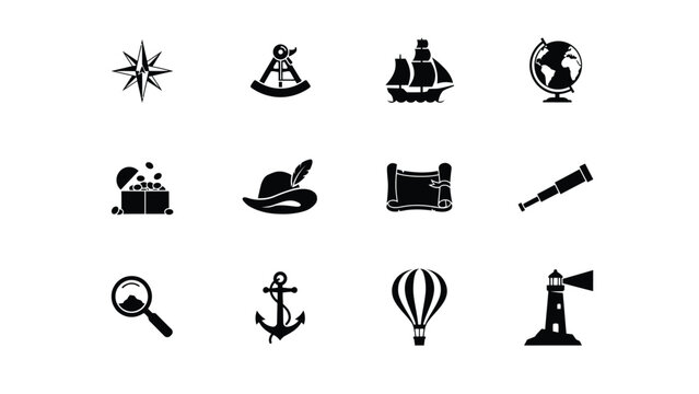 Nautical navigation and exploration icons collection featuring travel tools and equipment.