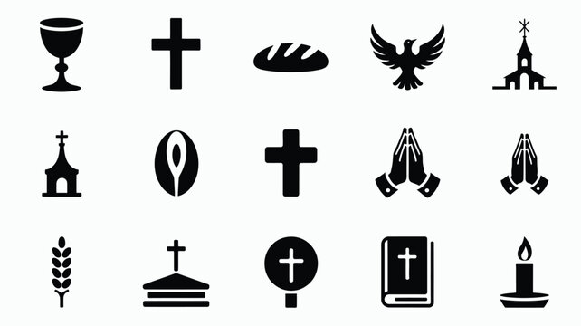 Christian religious icon set featuring holy communion chalice bread cross bible and dove.