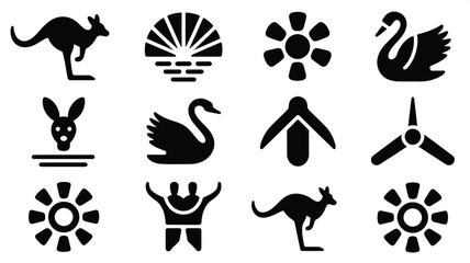 Australian themed icon collection kangaroo swan flower and windmill symbols. © Soma