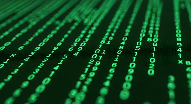 Green code matrix abstract with glowing numbers, digital streams and cybersecurity atmosphere screen