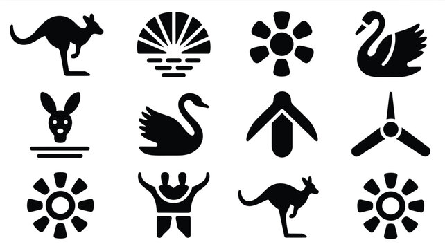 Australian themed icon collection kangaroo swan flower and windmill symbols.