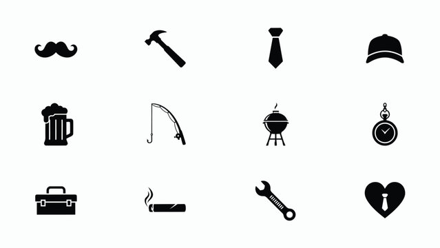 Masculine icons set featuring hobby equipment and apparel items isolated on plain white background.