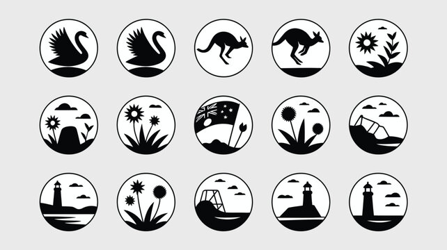Australian landscape icons swan kangaroo lighthouse and floral elements.