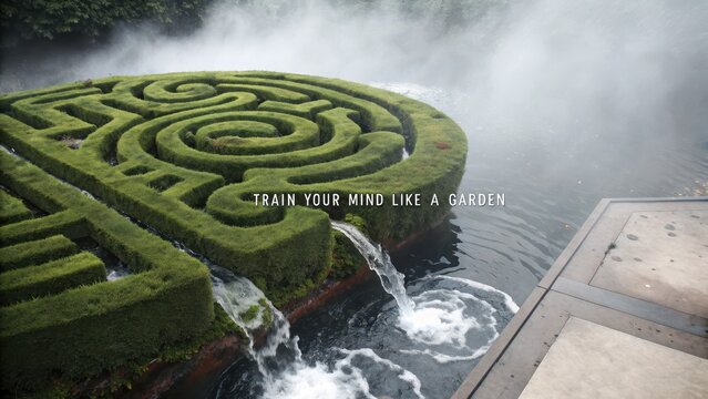 Serene Labyrinth Garden with Water Feature and Misty Background
